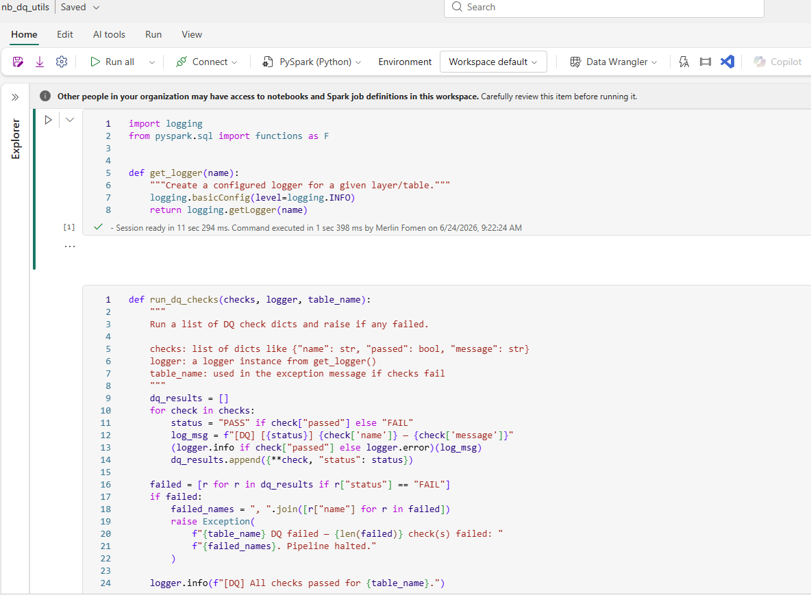 nb_dq_utils notebook in Microsoft Fabric — get_logger function and run_dq_checks function visible. PySpark (Python), Workspace default environment. Session ready in 11 sec.